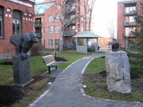 Gorillan Nasibu på mur och Orre på svart granitblock